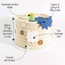 Needlecraft Cake with labels showing the knitted texture, buttons, thread and message plaque