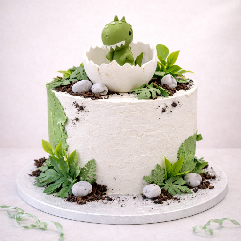 Baby Dino Cake with a green dinosaur hatching from an egg, on a mossy forest scene with chocolate soil