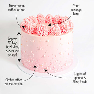 Ombré Cake with labels showing the pink buttercream finish, rosettes and space for a piped message