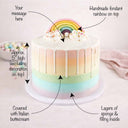 Rainbow Cake with labels showing the pastel ombre buttercream, drip, rainbow topper and message space