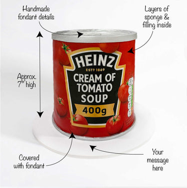 7 inch tall Soup Can Cake with labels showing the fondant tin and sponge layers