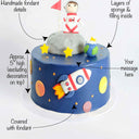 Space Cake with labels showing the blue fondant, stars, planets, rocket, astronaut and message space