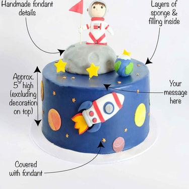 Space Cake with labels showing the blue fondant, stars, planets, rocket, astronaut and message space