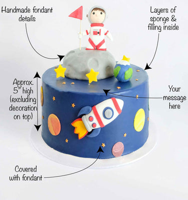 Space Cake with labels showing the blue fondant, stars, planets, rocket, astronaut and message space