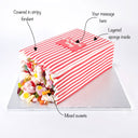 Sweety Box Cake with striped fondant, sweets spilling out and space for a personal message