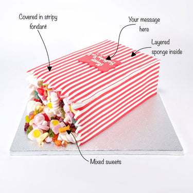 Sweety Box Cake with striped fondant, sweets spilling out and space for a personal message