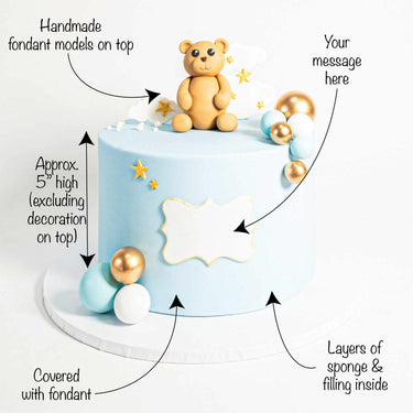 Pale blue Free From Teddy Bear Cake with a fondant bear, clouds, stars and message plaque