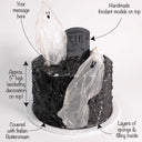 Tombstone Cake with labels showing the black buttercream, fondant tombstone, ghosts and message space