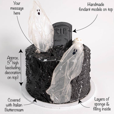 Tombstone Cake with labels showing the black buttercream, fondant tombstone, ghosts and message space