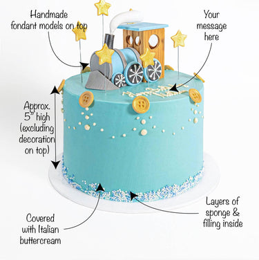 Free From Train Cake with labels showing the teal buttercream, fondant train, gold stars and message space