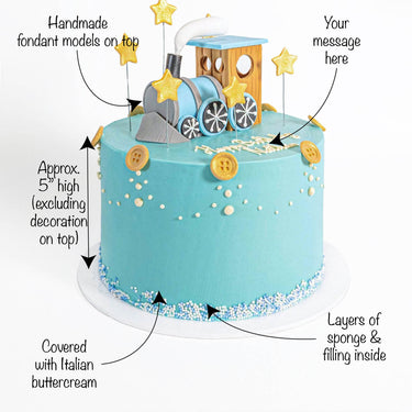 Train Cake with labels showing the blue buttercream, fondant train and space for a piped message