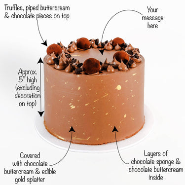 Triple Chocolate Cake with labels showing its height, toppings and space for a piped message