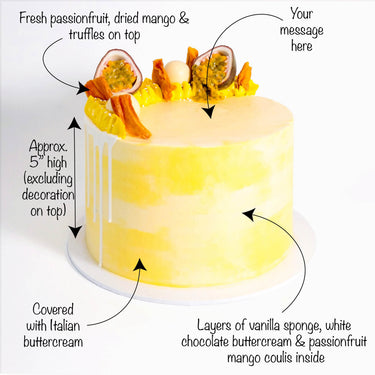 Gluten friendly Free From White Chocolate Passionfruit Cake with labels showing the sponge, coulis, toppings and message space