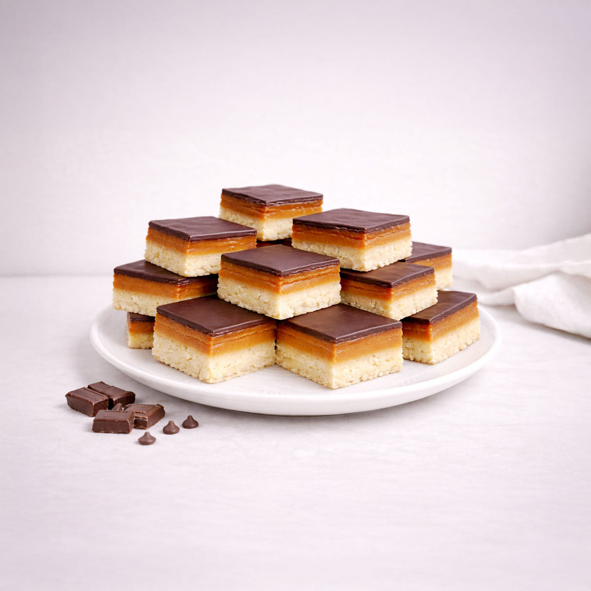 Wholesale Millionaire Slice: Three-layer bars with shortbread base, caramel middle, and chocolate top on a plate, featuring extra chocolate pieces and chips.