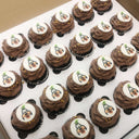 Branded chocolate cupcakes with chocolate buttercream, gold sprinkles and a printed character wafer