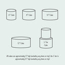 Cake size guide showing 6, 8, 10 and 12 inch round cakes about 5 inches tall, and a two tier cake about 10 inches tall
